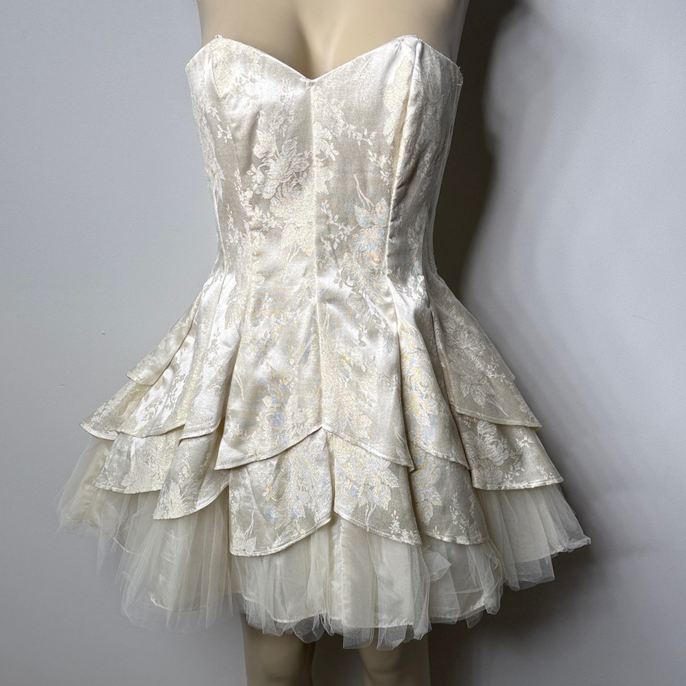 Masquerade Ivory Broquade Strapless Tiered Mini Dress